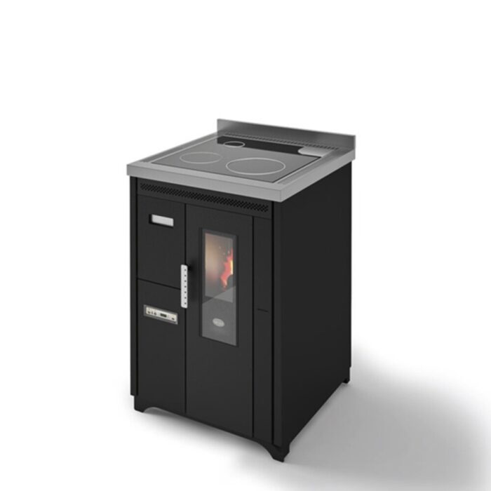 Eva Calòr NINA Cuisinière à granulés ventilée avec plaque vitrocéramique - 7,2 kw - 160 m³ chauffable - noir