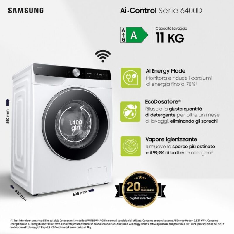 Samsung WW11DG6B85LKU3 Ai Control Machine à laver cm. 60 - capacité 11 kg - blanc